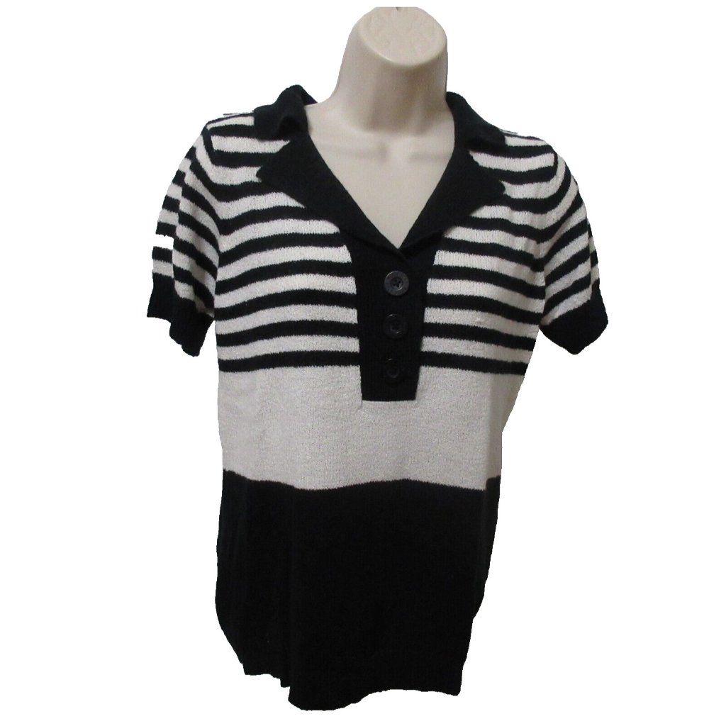 Vtg White Stag Sweater Womens M (8-10) Pullover Black White Striped Short Sleeve